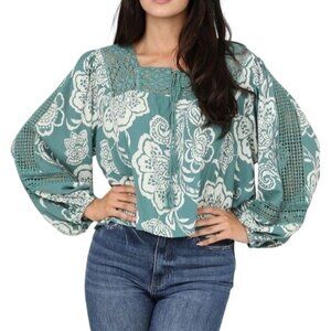 Angie Green Floral Peasant Sleeve & Boho Inspired Blouse Top Romantic  Size L